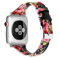 eses Keskeny bőrszíj az Apple Watch-hoz - Virágos, fekete és rózsaszín 38mm, 40mm, 41mm