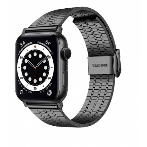 Foto - eses Fém szíj az Apple Watch-hoz háromcsíkos csíkkal - Fekete 42mm, 44mm, 45mm, 49mm