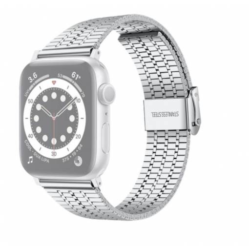 Foto - eses Fém szíj az Apple Watch-hoz háromcsíkos csíkkal - Ezüst 42mm, 44mm, 45mm, 49mm