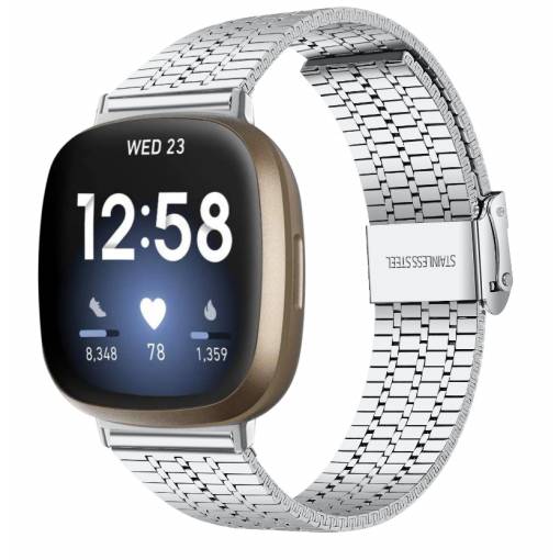 Foto - eses Hármas fém szíj Fitbit Versa 3 és 4-hez, Sense 1 és 2 - Ezüst