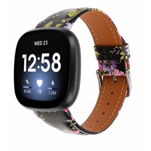 Foto - eses Bőr szíj Fitbit Versa 3 és 4, Sense 1 és 2 - Virágos varrással