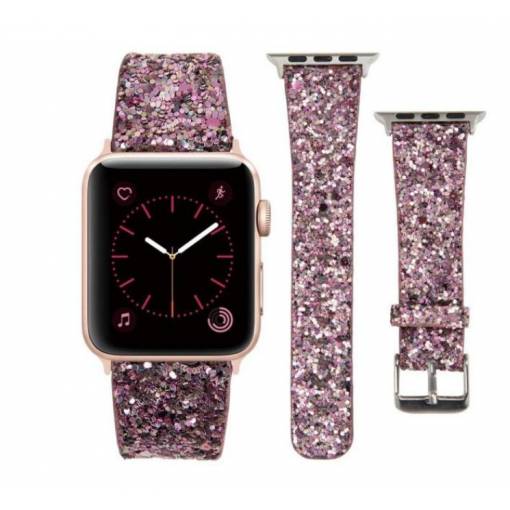 Foto - eses Bőr flitteres szíj Apple Watchhoz - Rózsaszín 42mm, 44mm, 45mm, 49mm