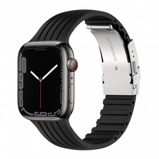 Foto - eses Szilikon szíj Apple Watchhoz fém csattal - Fekete 42mm, 44mm, 45mm, 49mm