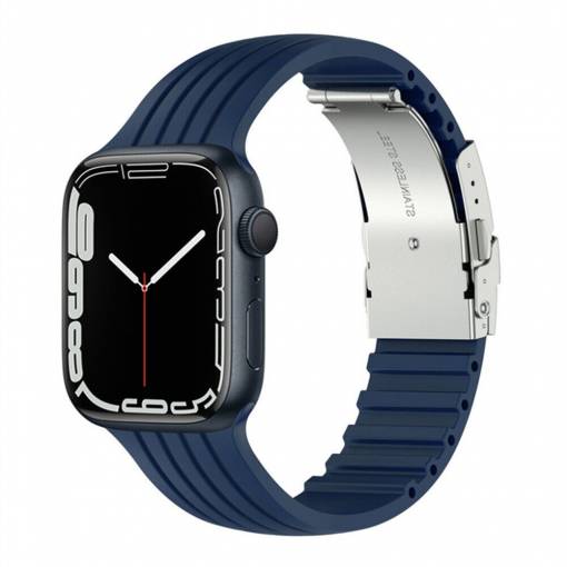 Foto - eses Szilikon szíj Apple Watchhoz fém csattal - Sötétkék 42mm, 44mm, 45mm, 49mm