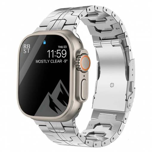 Foto - eses Titanium szíj csíkkal Apple Watchhoz - Ezüst fényes 42mm, 44mm, 45mm, 49mm