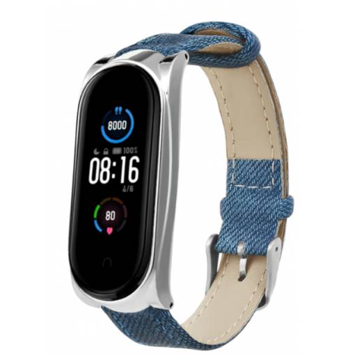 Foto - eses Bőrszíj Xiaomi Mi Band 3, 4, 5 és 6 készülékekhez - Kék farmer