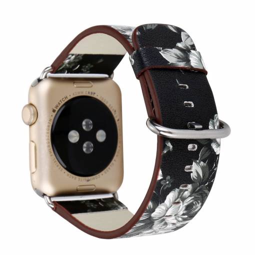 Foto - eses Bőr virágszíj Apple Watchhoz - Fekete fehér 42mm, 44mm, 45mm, 49mm