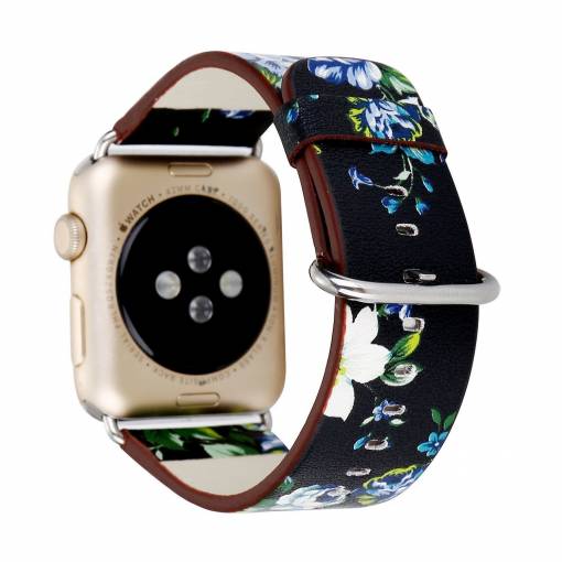Foto - eses Bőr virágszíj Apple Watchhoz - Fekete-kék 42mm, 44mm, 45mm, 49mm