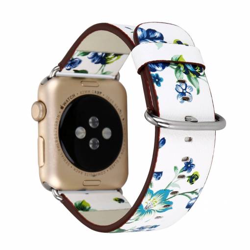 Foto - eses Bőr virágszíj Apple Watchhoz - Fehér és kék 42mm, 44mm, 45mm, 49mm