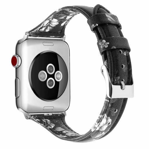 Foto - eses keskeny bőrszíj Apple Watch-hoz - Virágos, fekete és szürke 42mm, 44mm, 45mm, 49mm