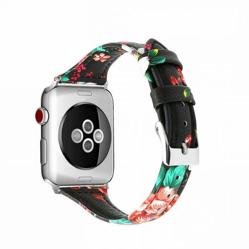 Foto - eses Bőr keskeny szíj Apple Watch-hoz - Virágos, fekete 38mm, 40mm, 41mm