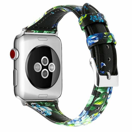 Foto - eses Keskeny bőr szíj Apple Watch-hoz - Virágos, fekete és kék 42mm, 44mm, 45mm, 49mm