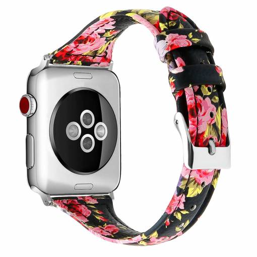 Foto - eses Keskeny bőrszíj az Apple Watch-hoz - Virágos, fekete és rózsaszín 38mm, 40mm, 41mm