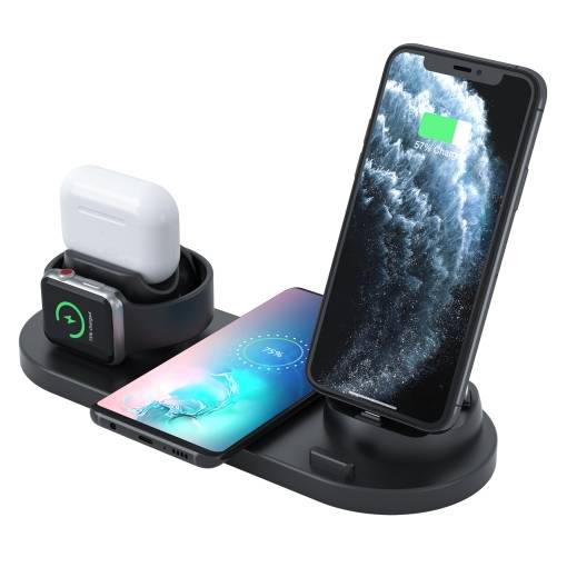 Foto - Töltőállvány iPhone-hoz, Apple Watch-hoz, AirPods-hoz USB-C-vel - Fekete, 6in1