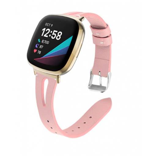 Foto - eses Bőr keskeny szíj Fitbit Versa 3 és 4-hez, Sense 1 és 2 - Rózsaszín